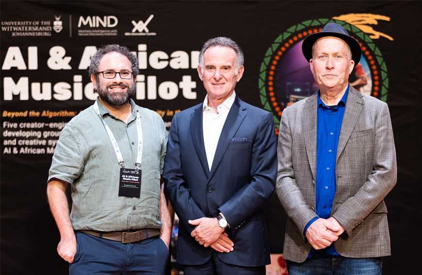 Professor Benjamin Rosman, Director of Wits University’s Machine Intelligence and Neural Discovery (MIND) Institute, Charles Goldstuck, Wits alumnus, PhD candidate and US-based music executive, and Professor Christo Doherty, Project Lead of the AI & Africa Music (AIAM) Project, the Angela and David Fine Chair in Innovation at the Wits Innovation Centre (WIC).